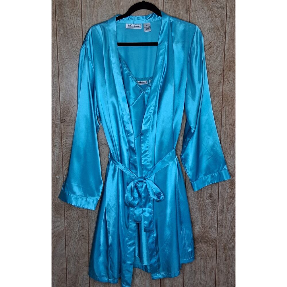 Chanteuse Intimates Chemise and Robe Set Teal Blue Adjustable Straps Size XL